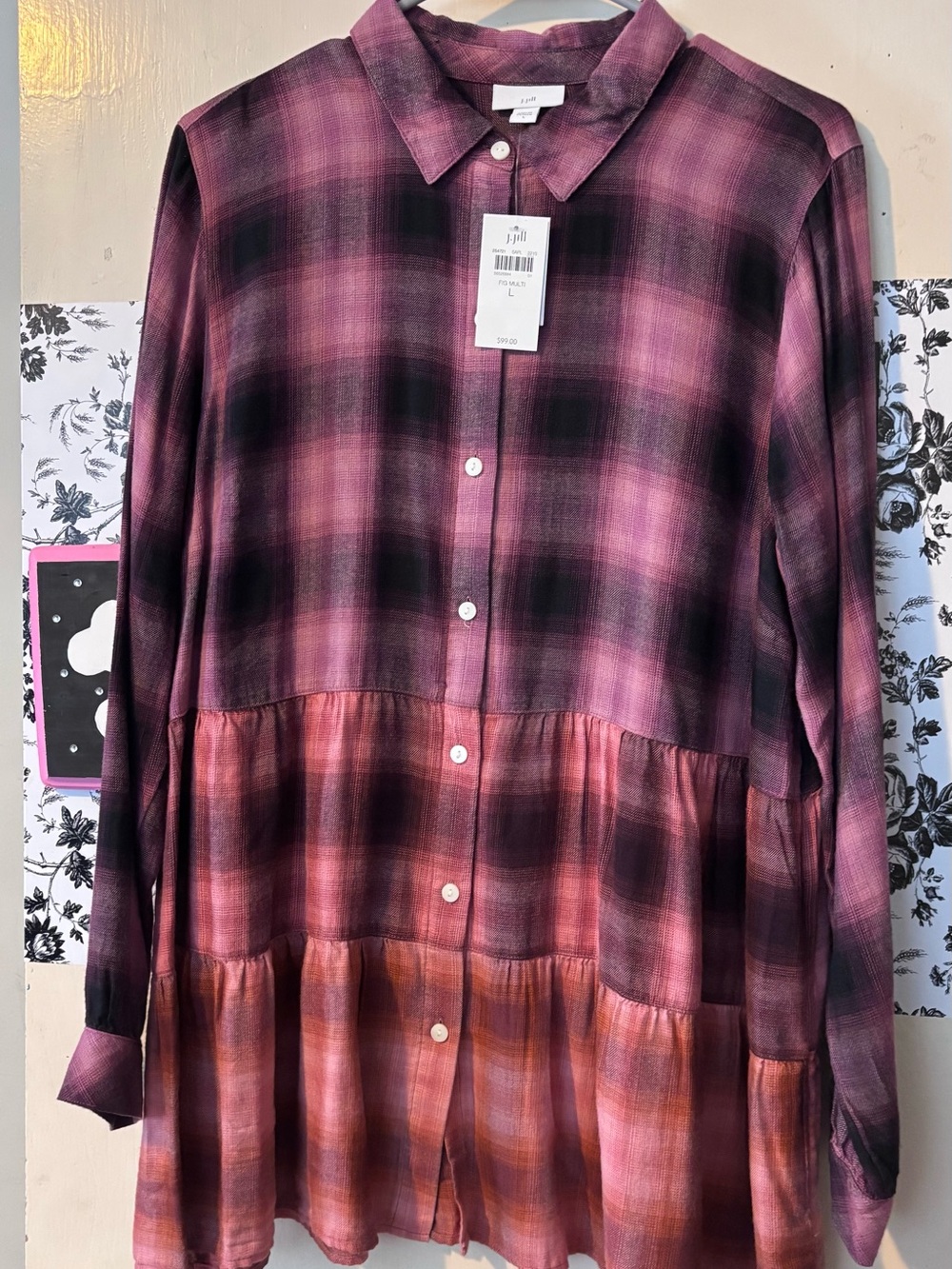 J. Jill Ombre Plaid Button-Front Tunic in Pink and Black